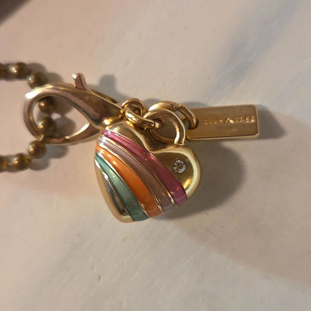 Coach Pink Metallic Leather Tag Keychain with Multicolor Heart Charm - Picture 2 of 2